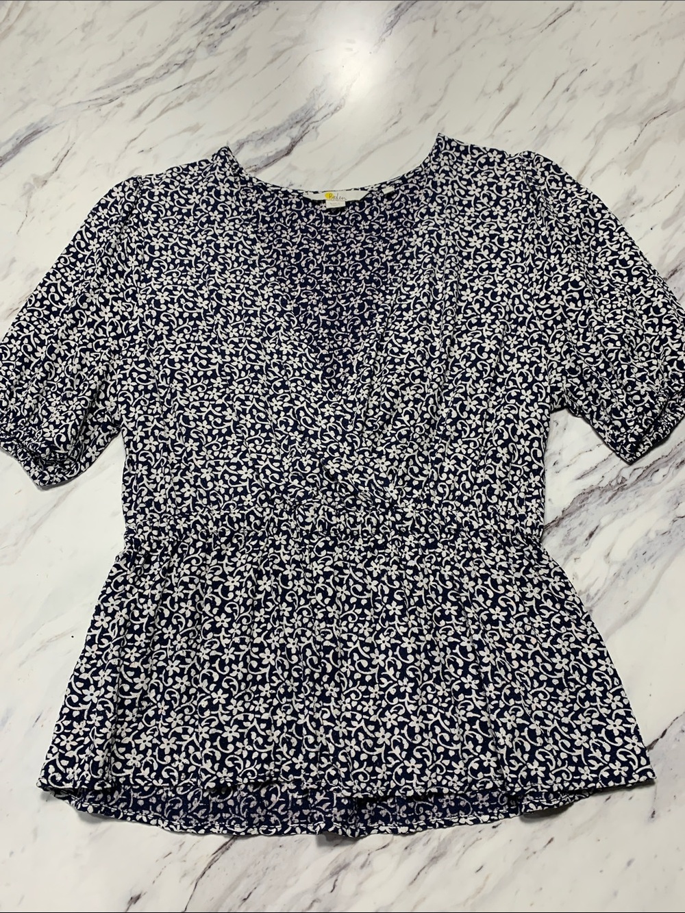 Boden Navy and White Floral Peplum Blouse